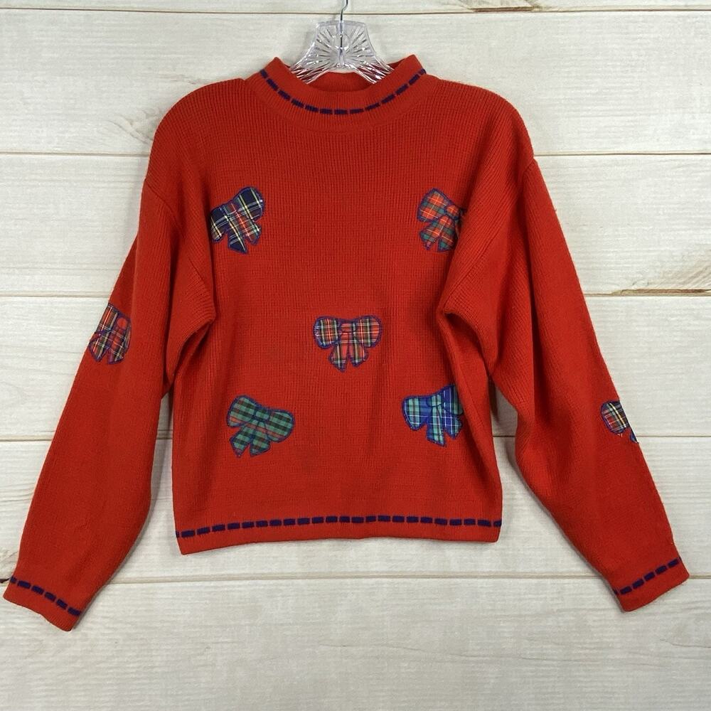 Vintage Knit Works Womens Sweater Sz S Red Plaid Bows High Neck Pullover 80's